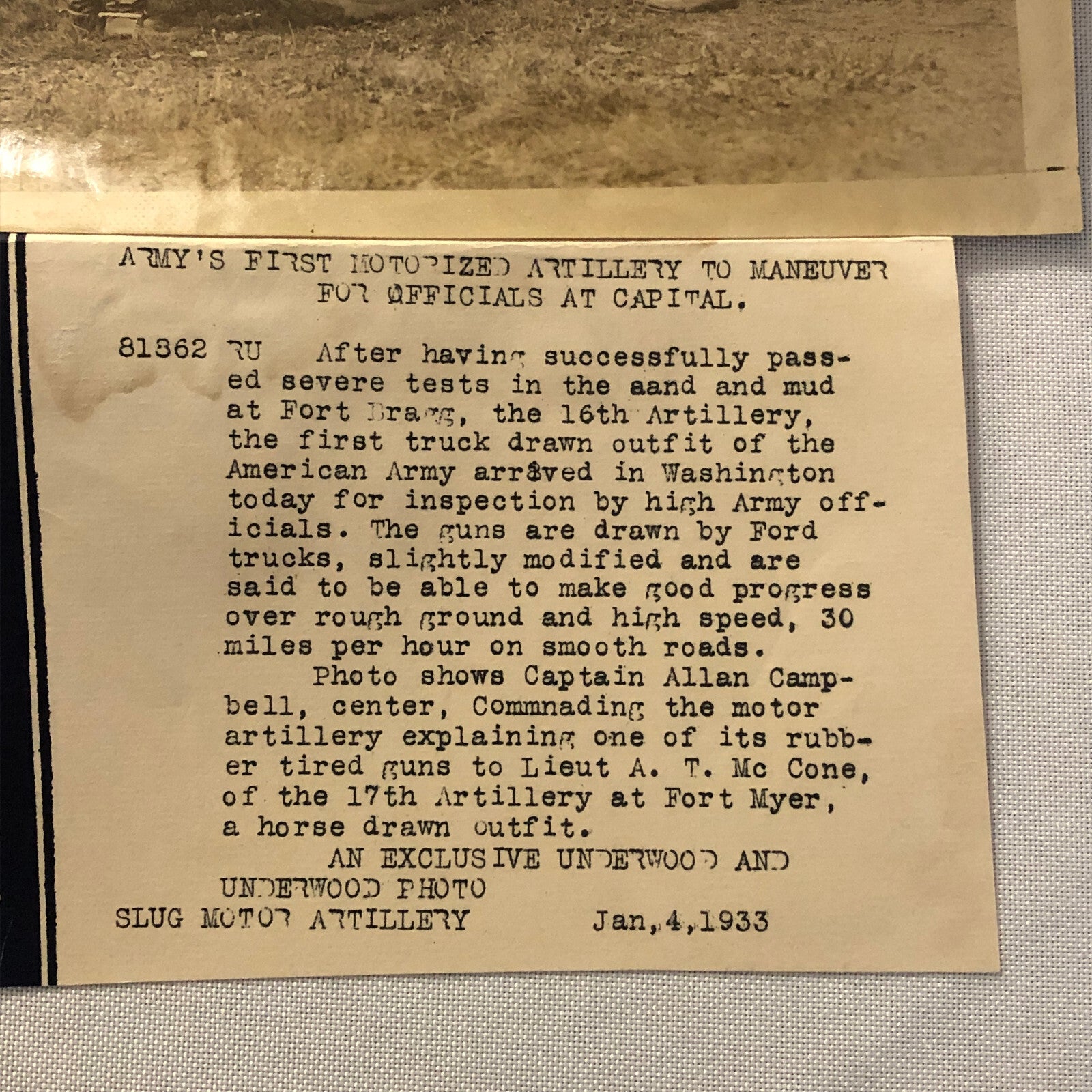 Press Photo Photograph Army First Motorized Artillery Ford Truck Military 1933