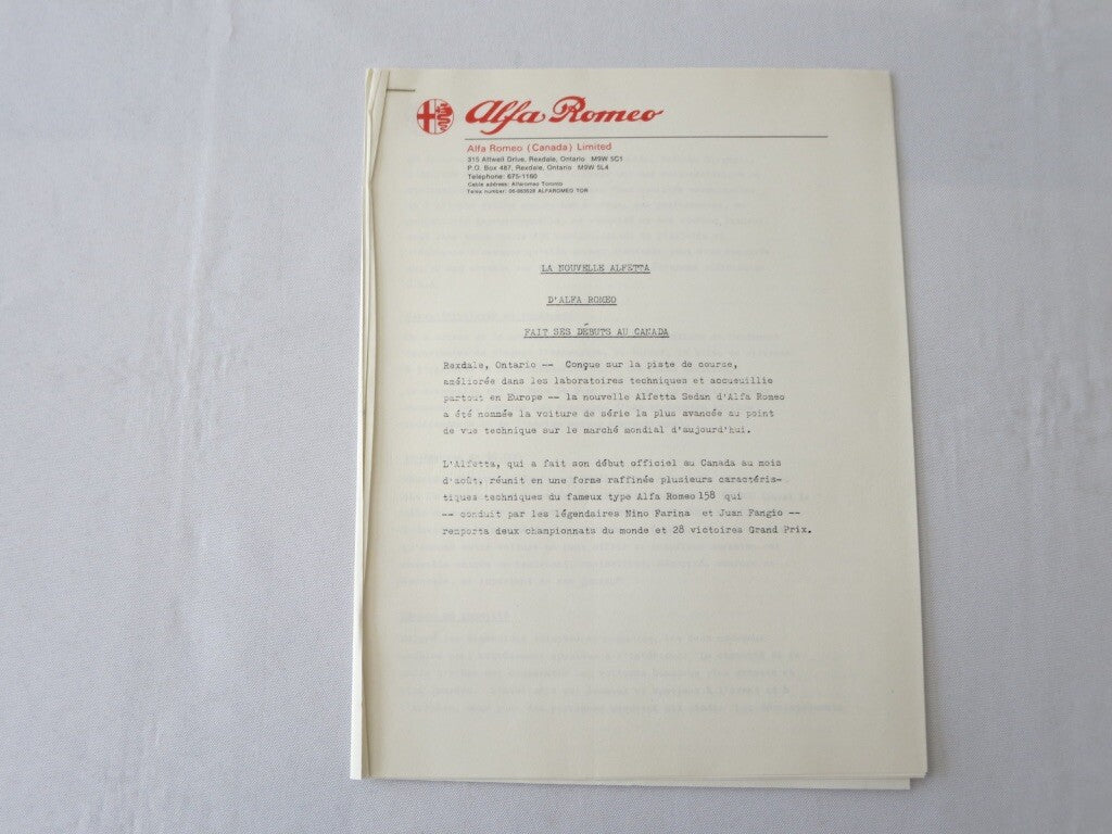 1975 Alfa Romeo Press Kit Alfetta Spider GT French Canadian Brochure
