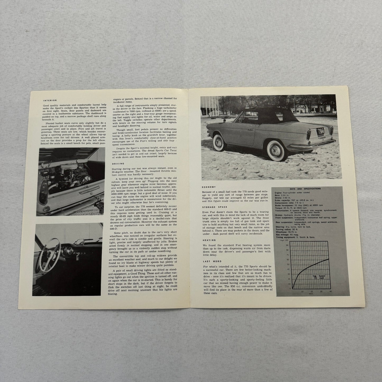 Fiat 770 Sports Car Track and Traffic Road Test Brochure Catalog Advertising