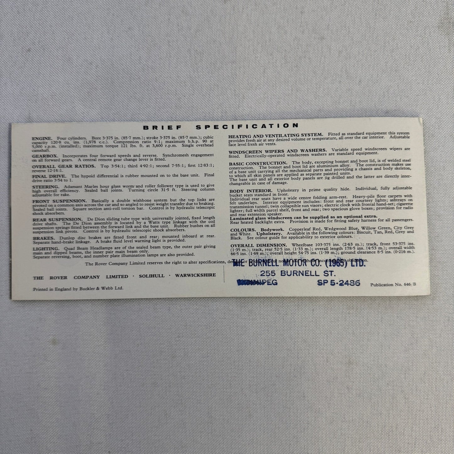 Rover 2000 Car Sales Brochure Catalog Vintage Advertising