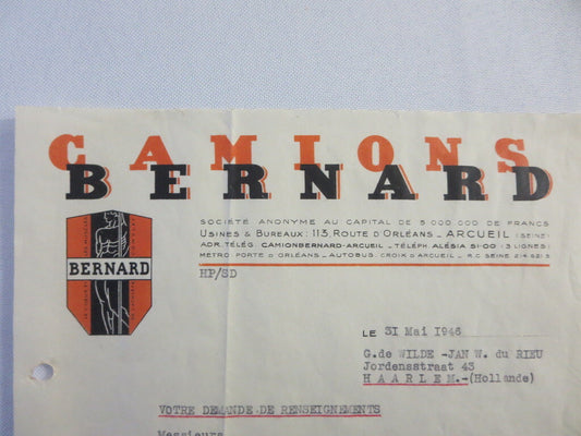 1946 Camions Bernard Truck Company Letter Letterhead Document 