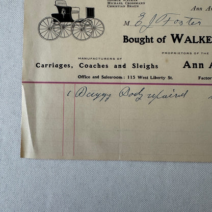 1907 Walker and Company Ann Arbor Carriage Works Receipt Letterhead Document