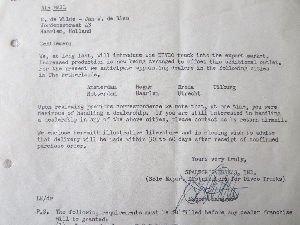 1949 Sparton Overseas Divco Truck Letter Letterhead Document 