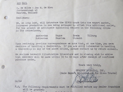 1949 Sparton Overseas Divco Truck Letter Letterhead Document 