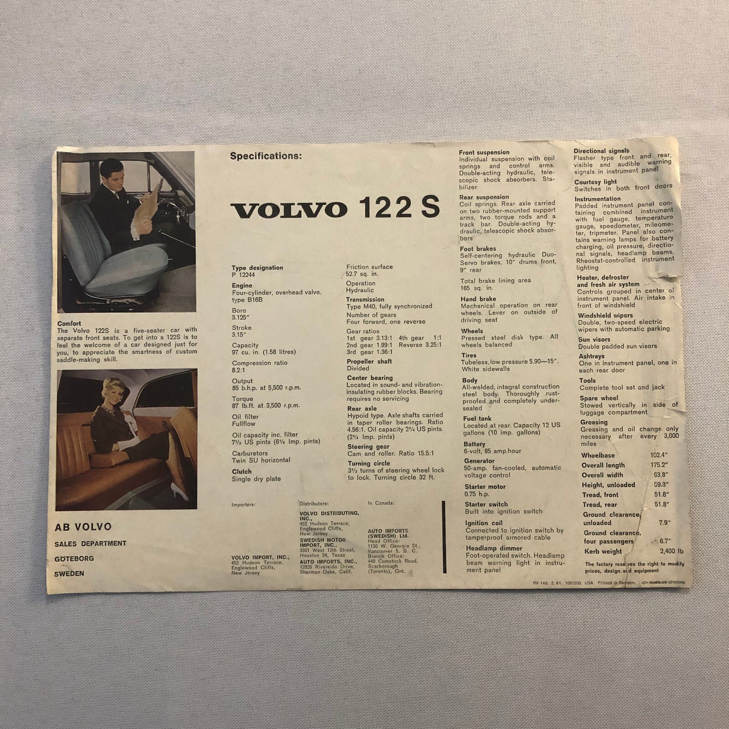 Vintage Volvo 122 S Car Automobile Sales Sheet Brochure Advertising