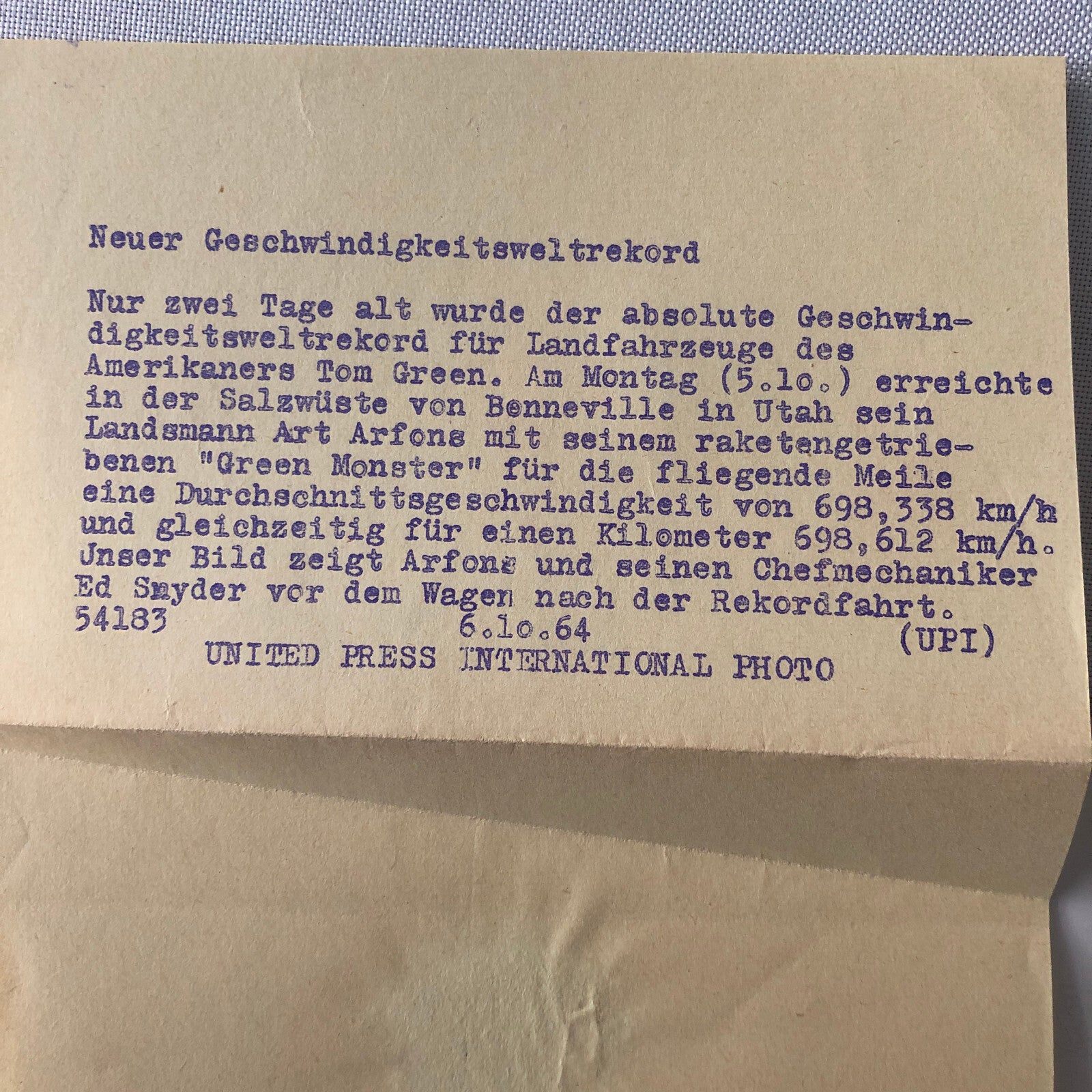 1964 Art Arfons Green Monster Land Speed Record Car Press Photo Bonneville Salt 