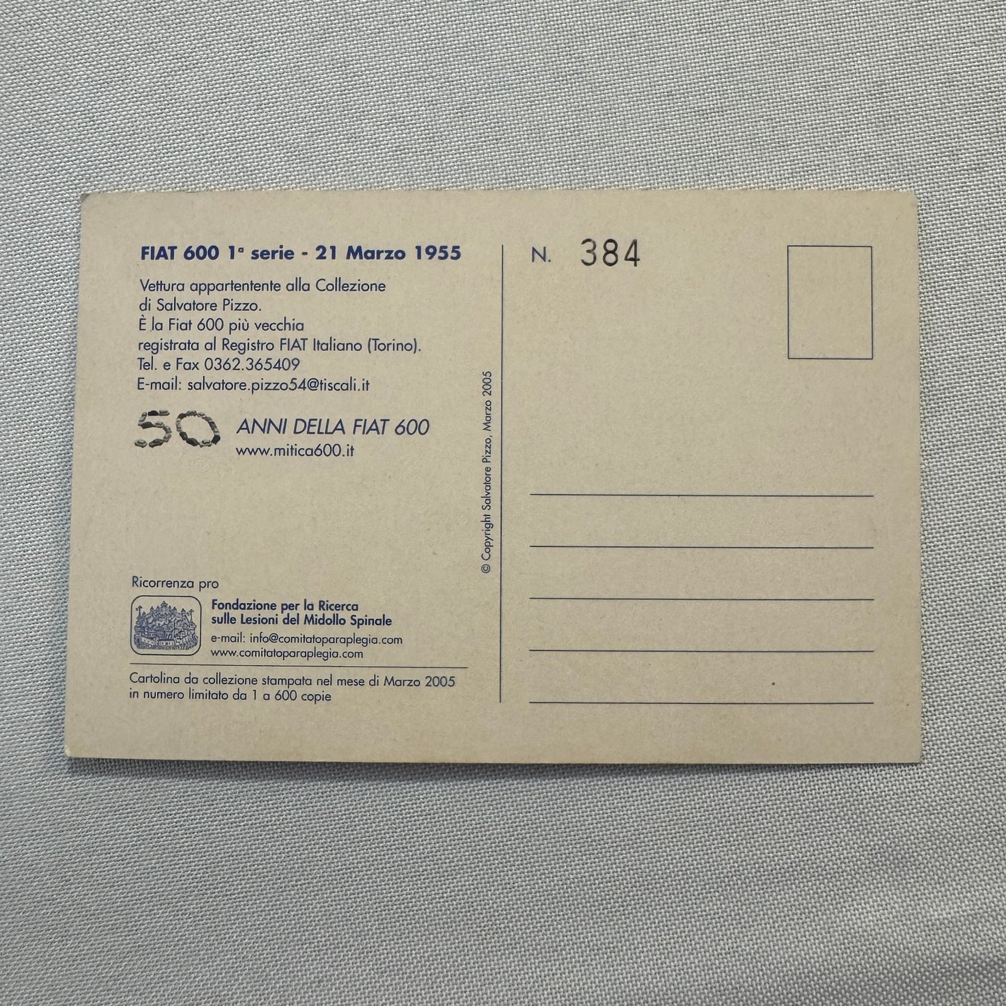 1955 Fiat 600 Italian Postcard Post Card Collectible Numbered 2005