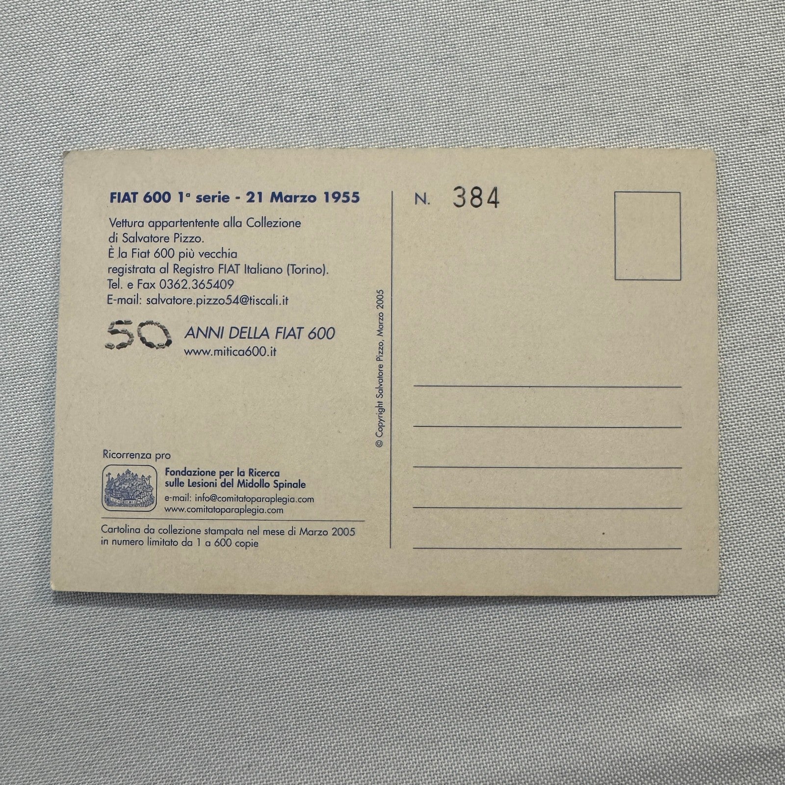 1955 Fiat 600 Italian Postcard Post Card Collectible Numbered 2005