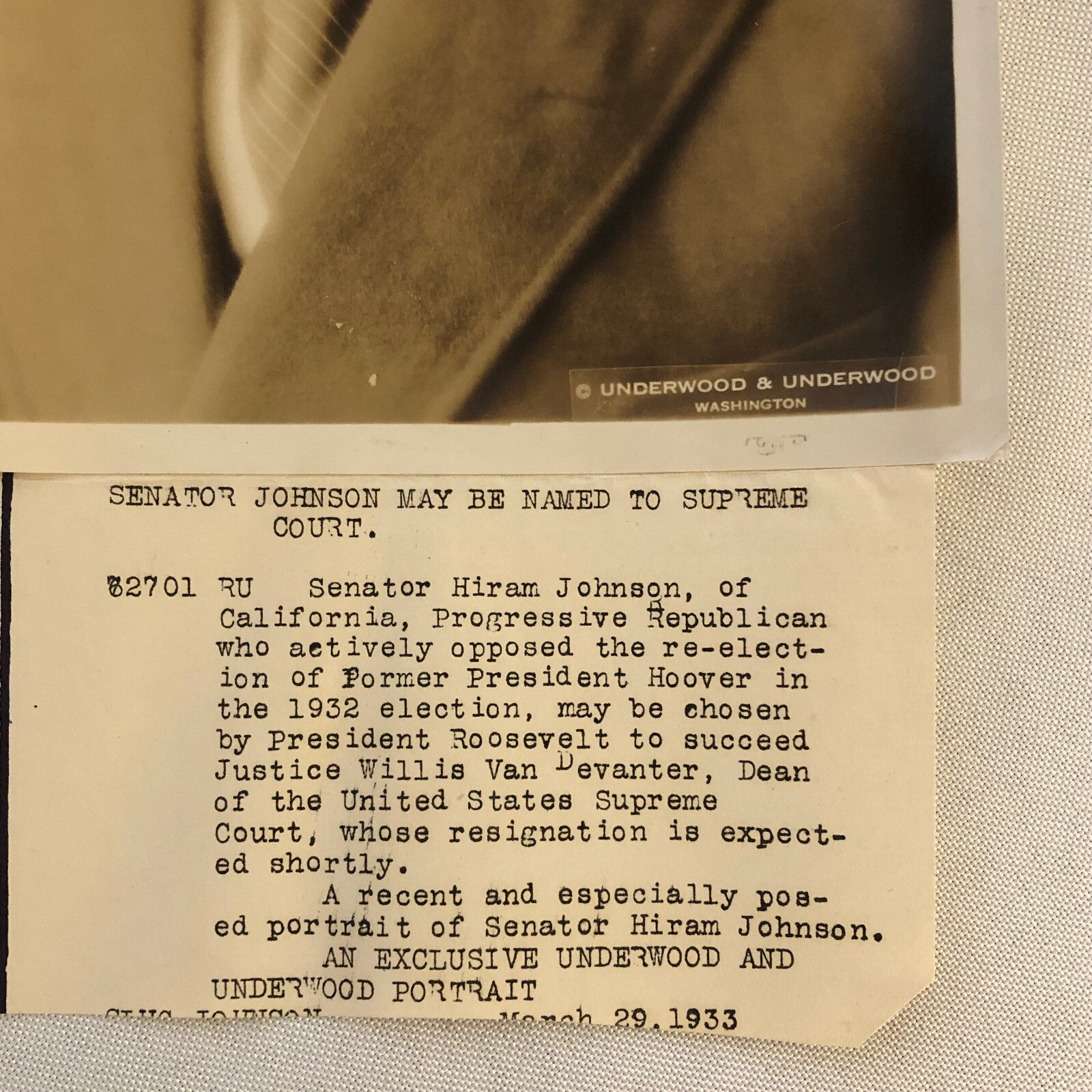 Press Photo Photograph Senator Hiram Johnson 1933 Underwood & Underwood