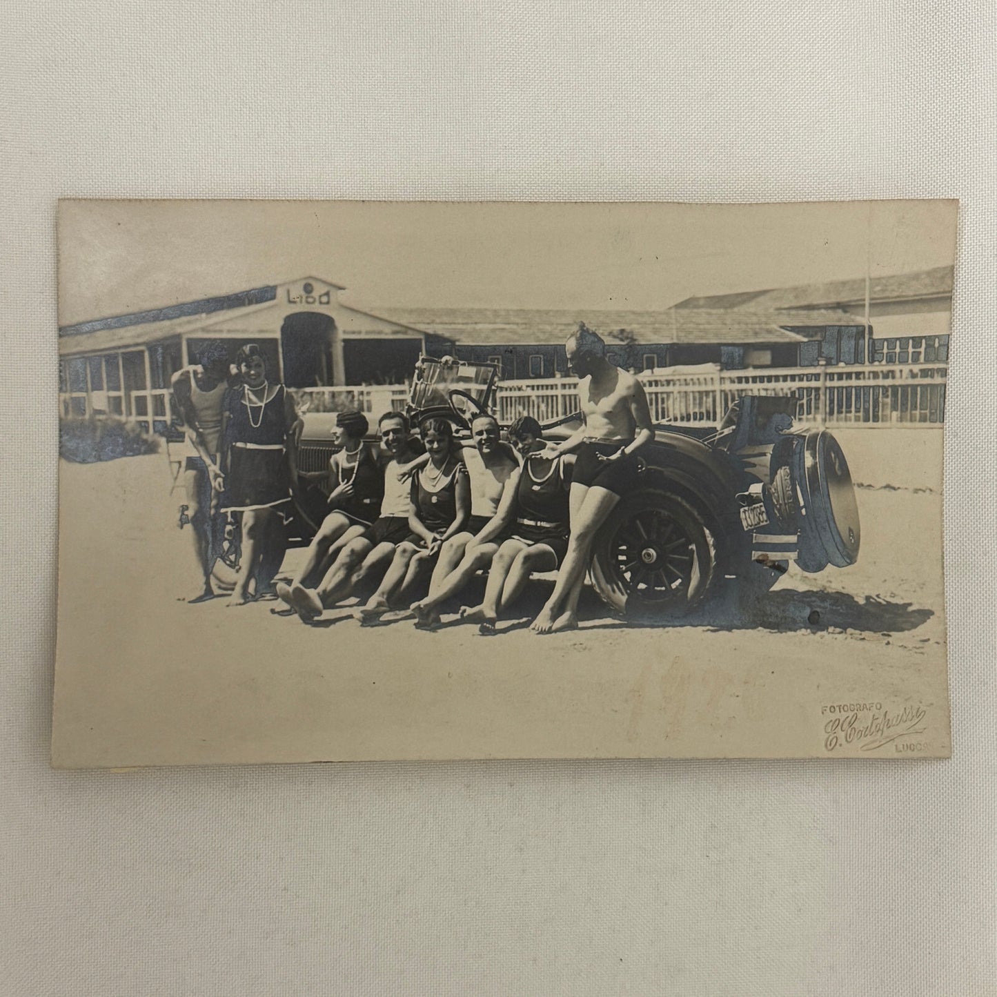 Antique Photo Photograph People on Beach with Early Automobile Car