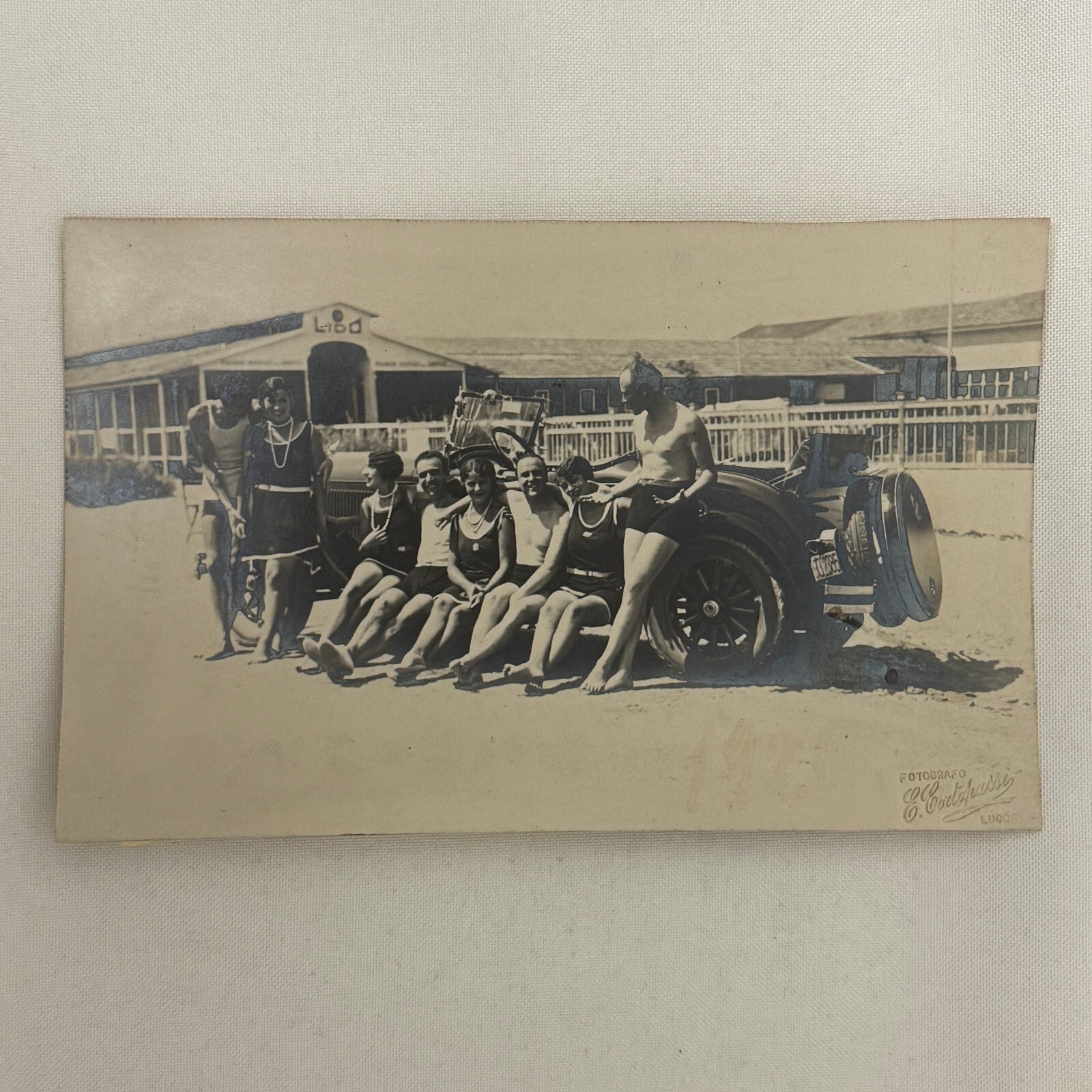 Antique Photo Photograph People on Beach with Early Automobile Car