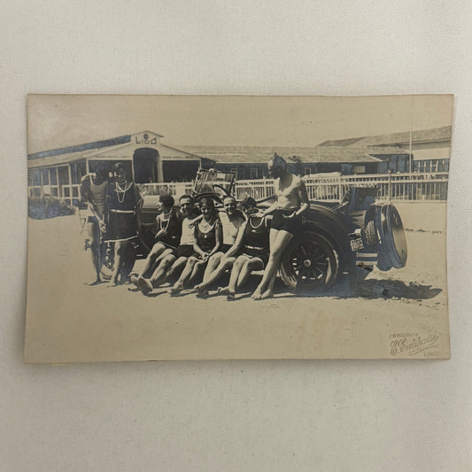 Antique Photo Photograph People on Beach with Early Automobile Car