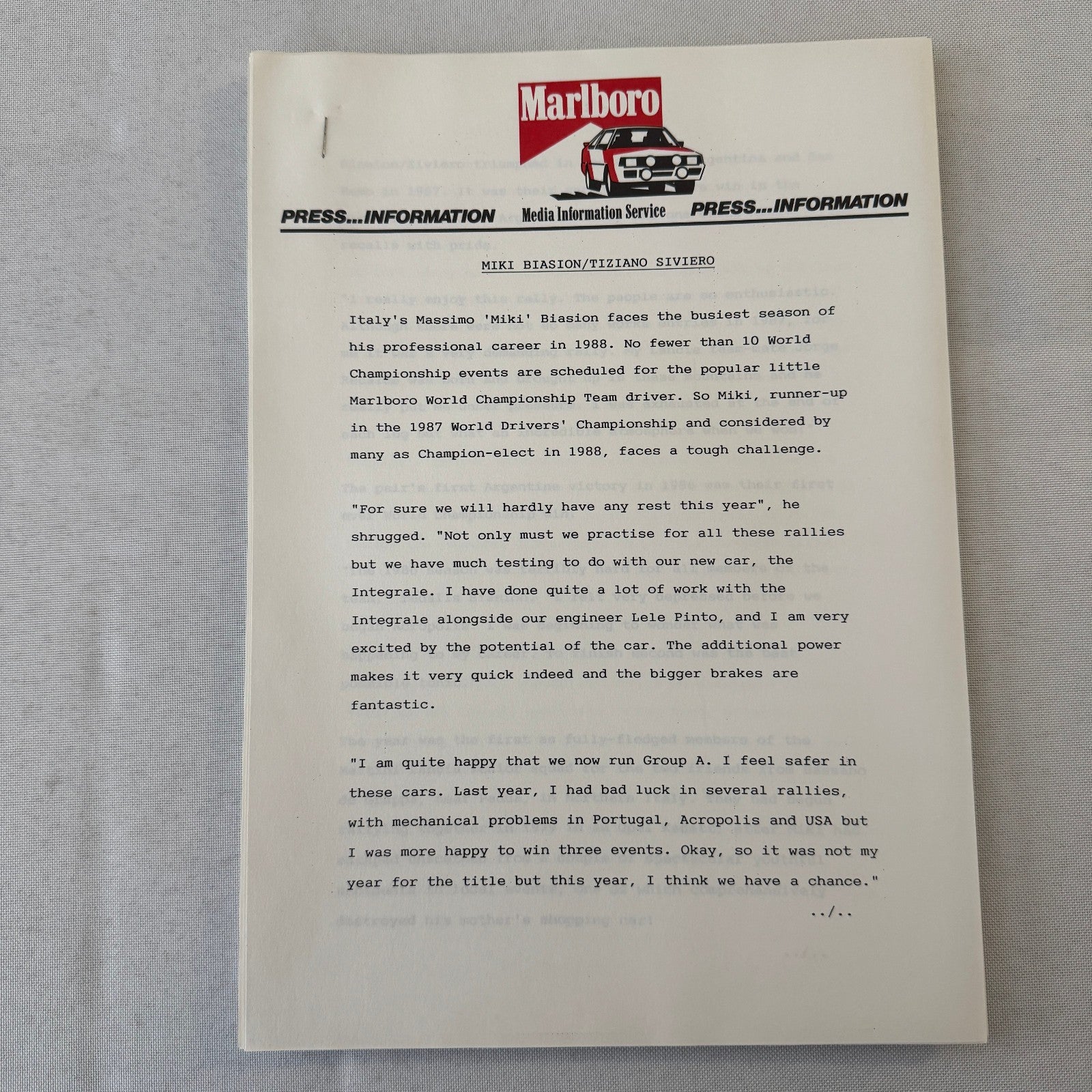 1988 Marlboro Rally Racing World Championship Press Kit Mazda Lancia Toyota
