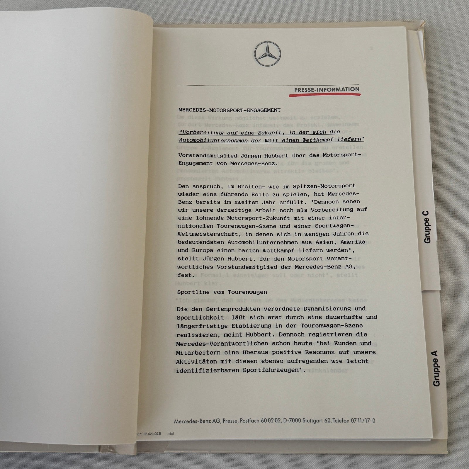 1990 Mercedes Benz Racing Motorsport Factory Press Kit 190E C9 C11 Cars GERMAN