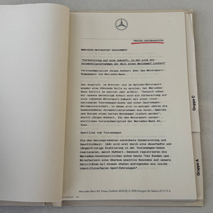 1990 Mercedes Benz Racing Motorsport Factory Press Kit 190E C9 C11 Cars GERMAN