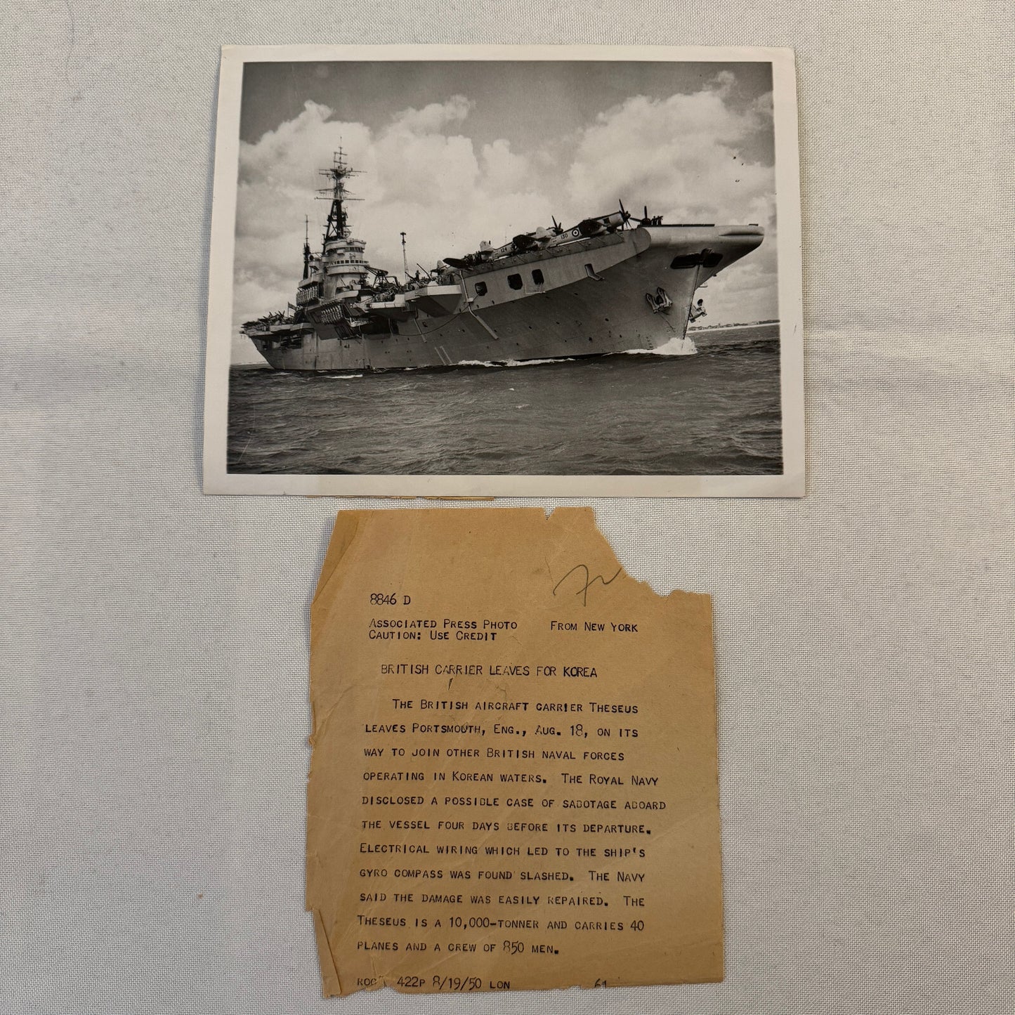 British Navy Aircraft Carrier HMS Theseus Vintage Press Photo Photograph Korea