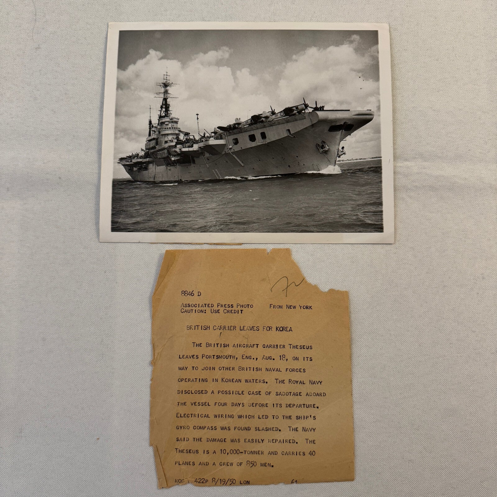 British Navy Aircraft Carrier HMS Theseus Vintage Press Photo Photograph Korea