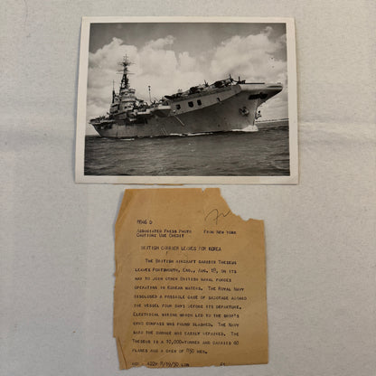 British Navy Aircraft Carrier HMS Theseus Vintage Press Photo Photograph Korea