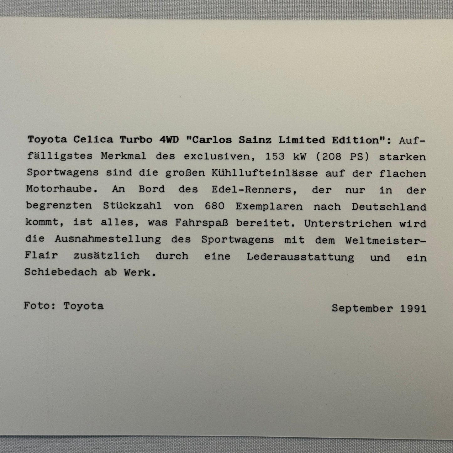 1991 Toyota Celica Carlos Sainz Limited Edition Factory Press Photo Photograph