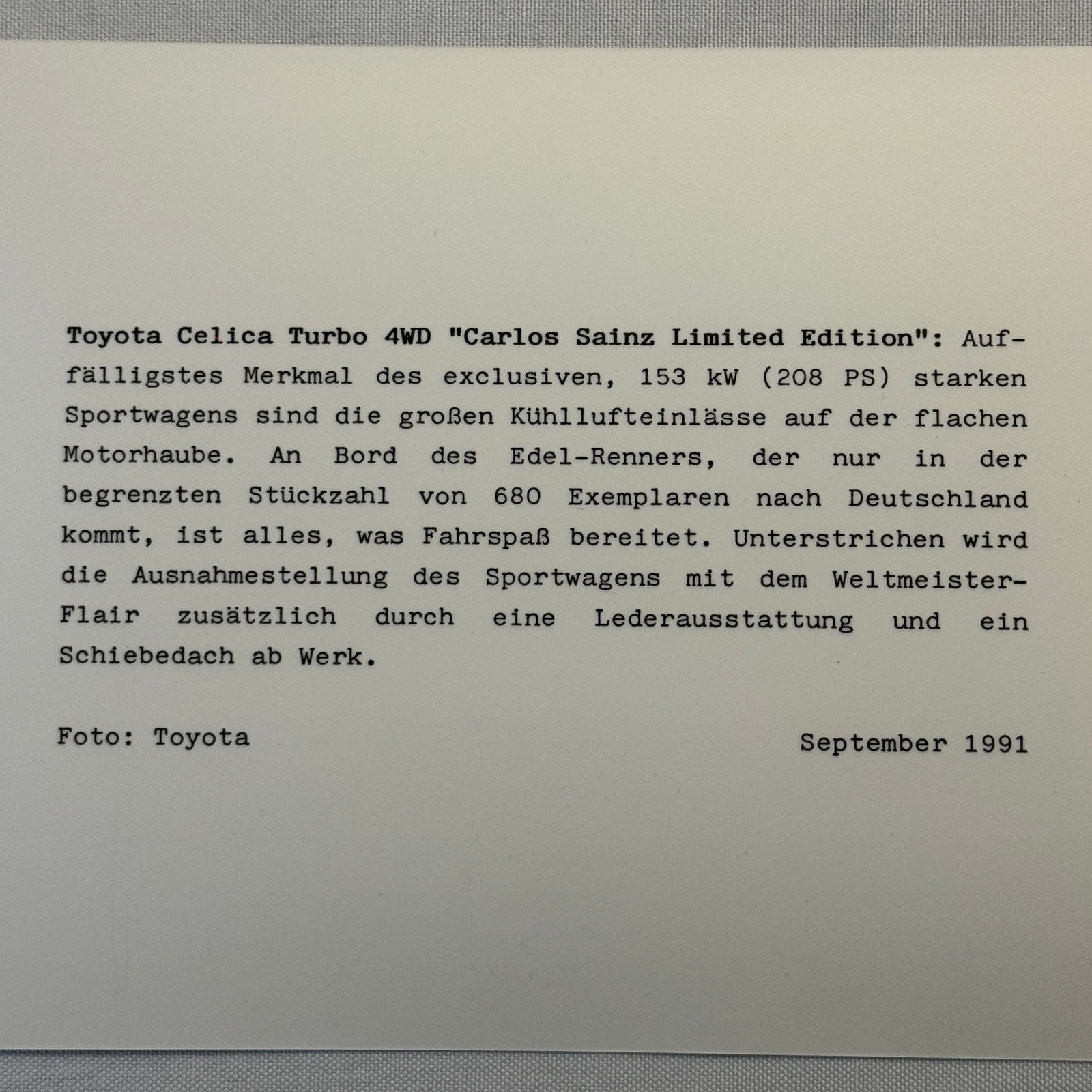 1991 Toyota Celica Carlos Sainz Limited Edition Factory Press Photo Photograph