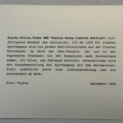 1991 Toyota Celica Carlos Sainz Limited Edition Factory Press Photo Photograph