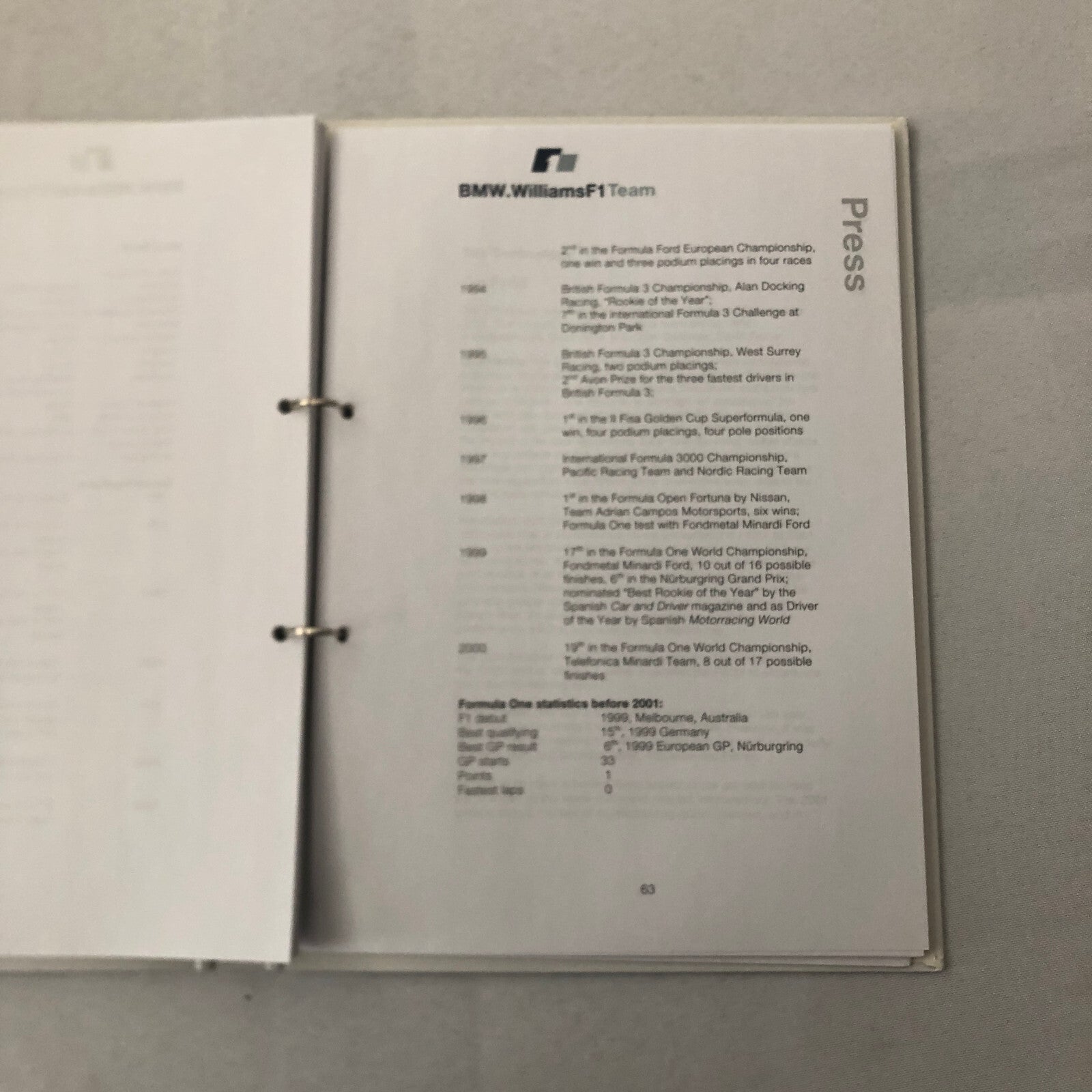 2001 BMW Williams F1 Team Press Kit Brochure Ralf Schumacher Juan Pablo Montoya