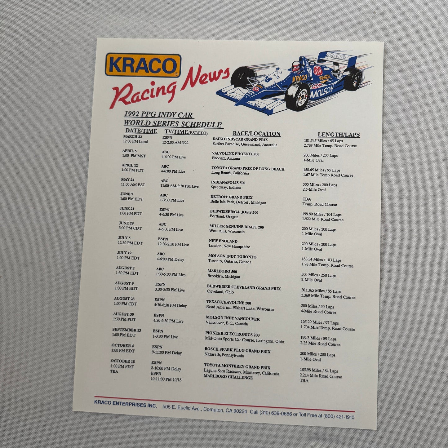 1992 Danny Sullivan Kraco Indy Car Racing Press Kit Brochure Photos Galmer Chevy