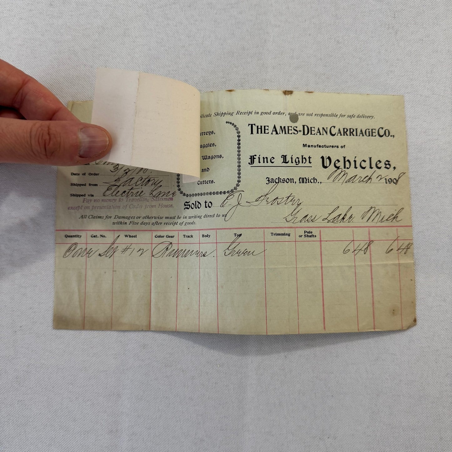 The Ames Dean Carriage Company Jackson Michigan 1908 Receipt Document Lot 2x
