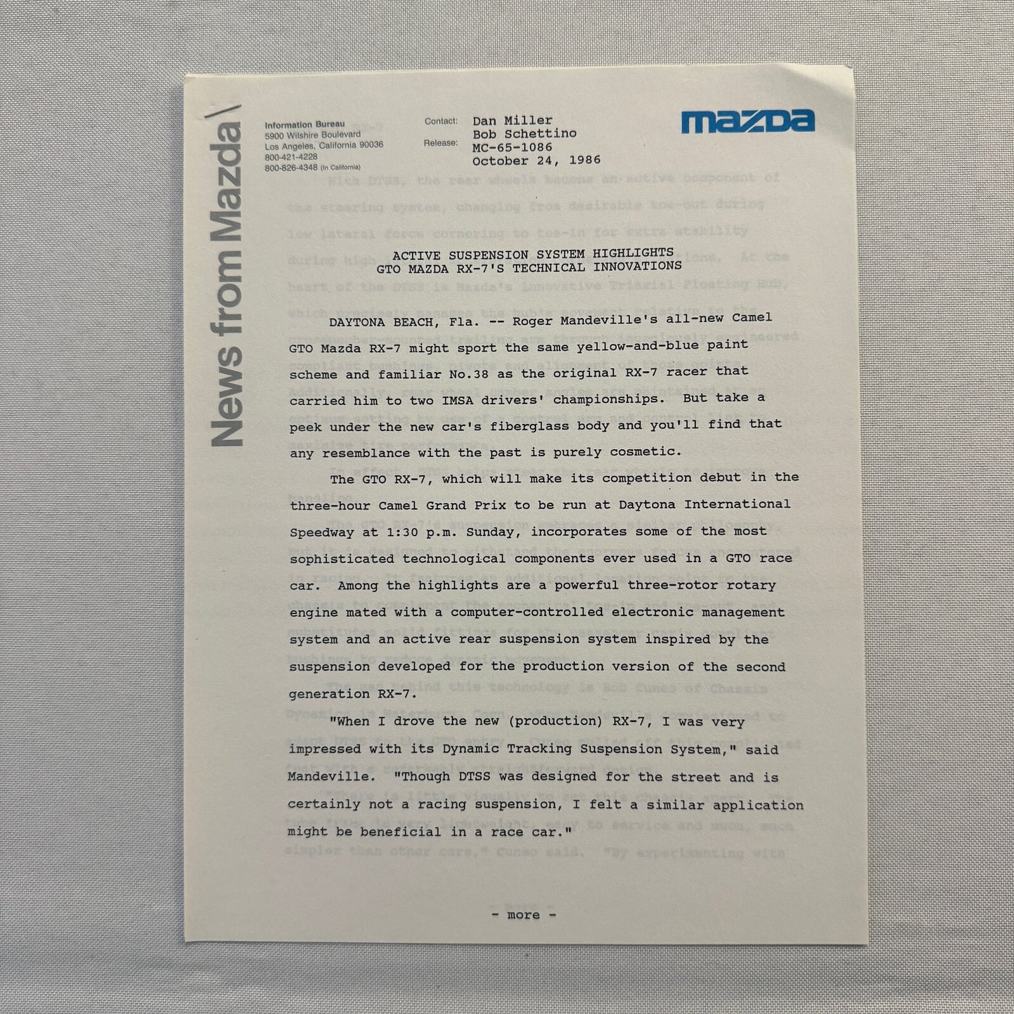 1986 Mazda RX-7 Racing Press Kit Brochure Photos Camel GT