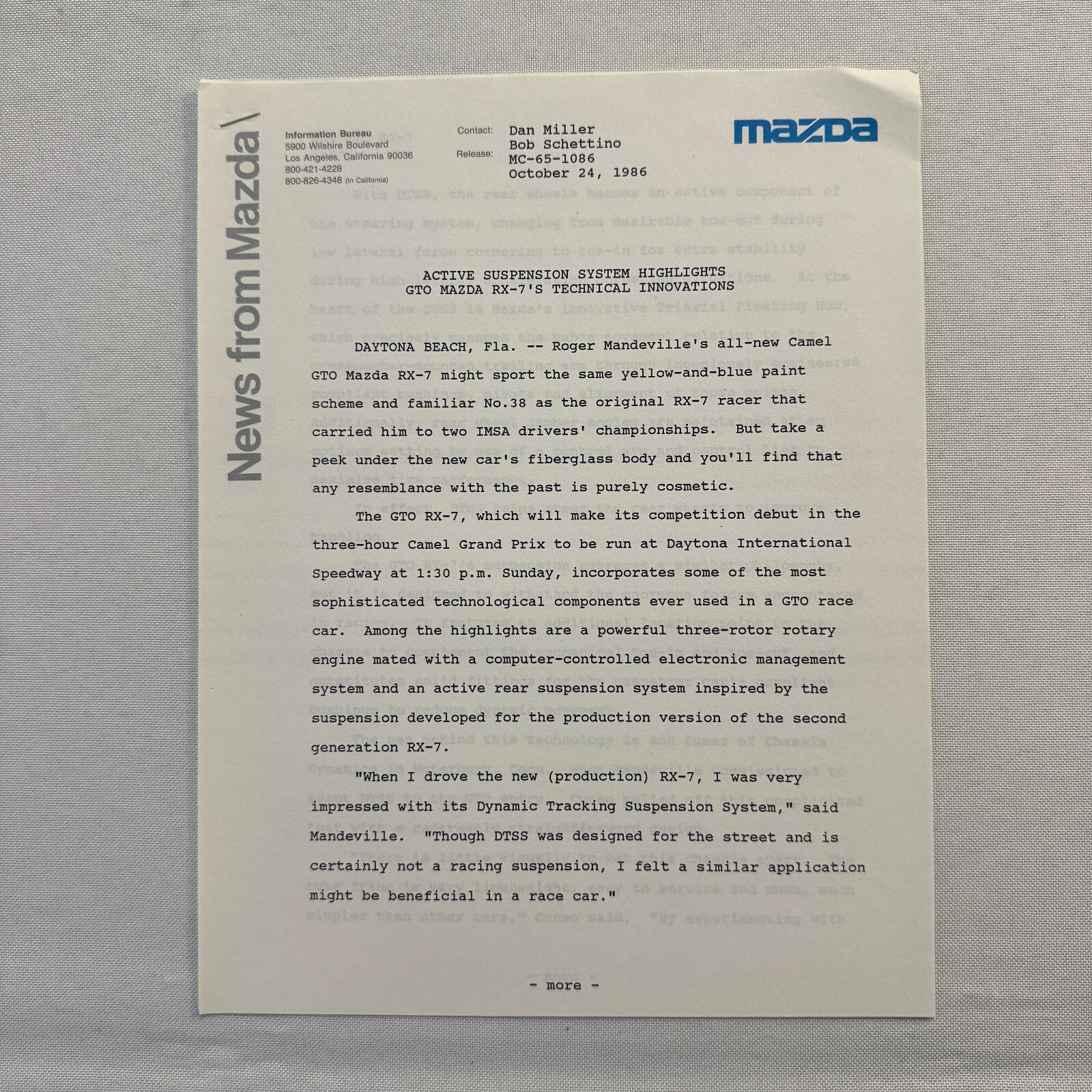 1986 Mazda RX-7 Racing Press Kit Brochure Photos Camel GT