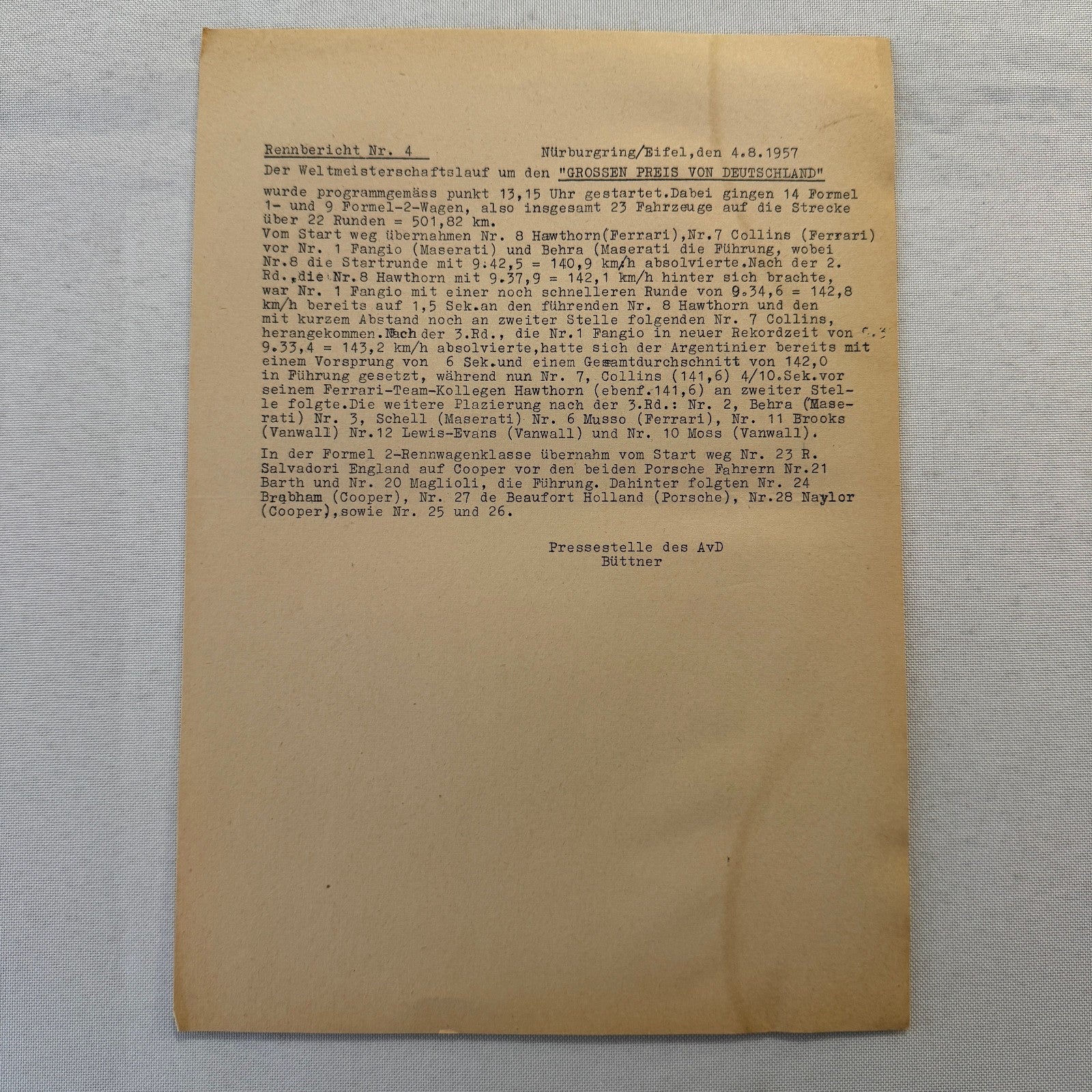 1951 AVD European Grand Prix at Nurburgring Racing Race Document Lot 11x
