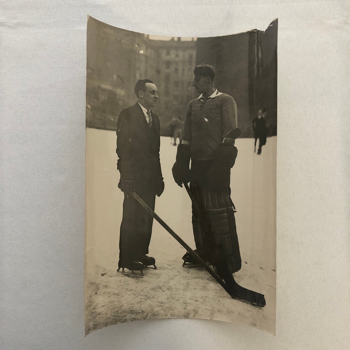 Press Photo Photograph Olympic Ice Hockey German Team Goalie with Canadian Coach