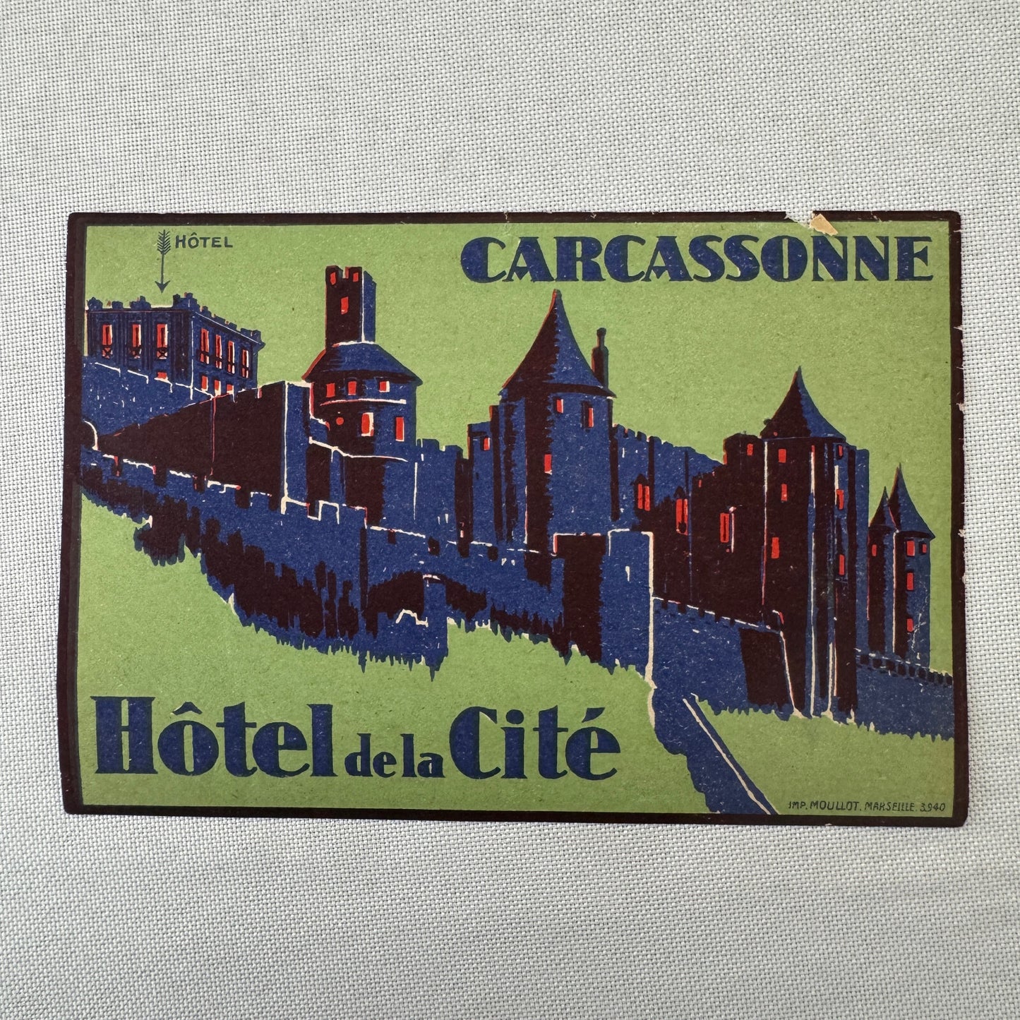 Vintage Hotel Travel Luggage Label Hotel de la Cite Carcassonne France French