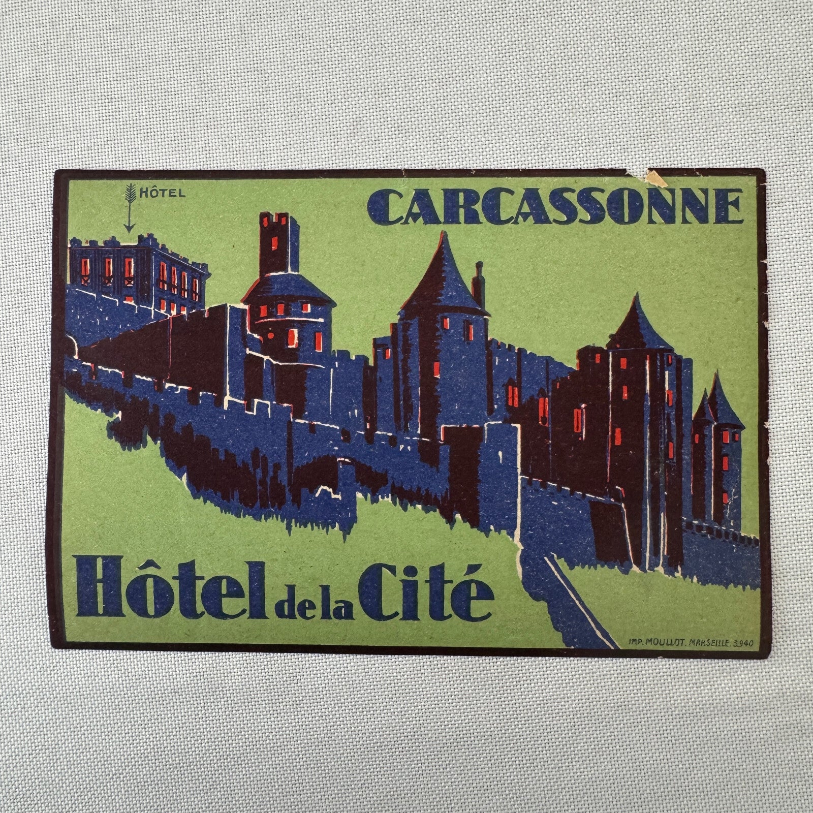 Vintage Hotel Travel Luggage Label Hotel de la Cite Carcassonne France French