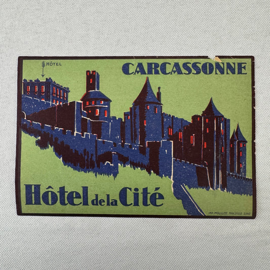 Vintage Hotel Travel Luggage Label Hotel de la Cite Carcassonne France French