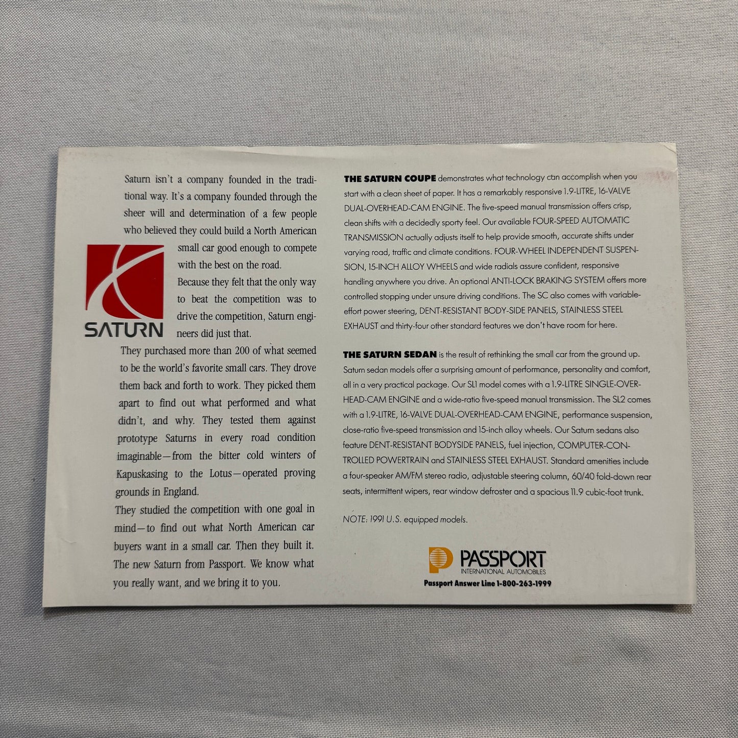 1991 Saturn Car Sales Sheet Brochure Catalog Saturn SL SL1 SL2 SC Coupe Sedan
