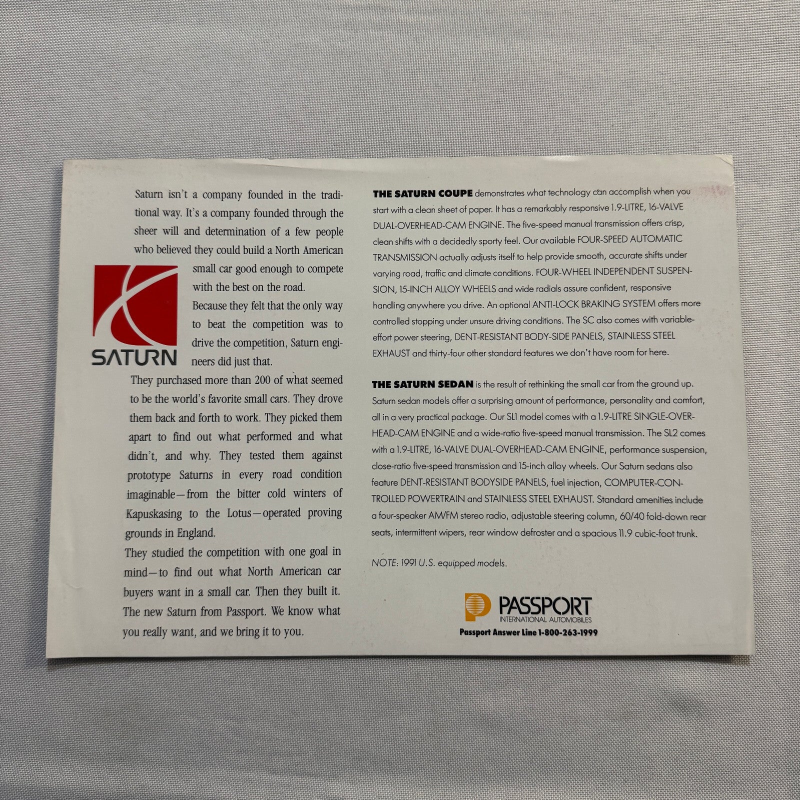 1991 Saturn Car Sales Sheet Brochure Catalog Saturn SL SL1 SL2 SC Coupe Sedan