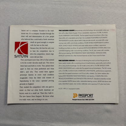 1991 Saturn Car Sales Sheet Brochure Catalog Saturn SL SL1 SL2 SC Coupe Sedan