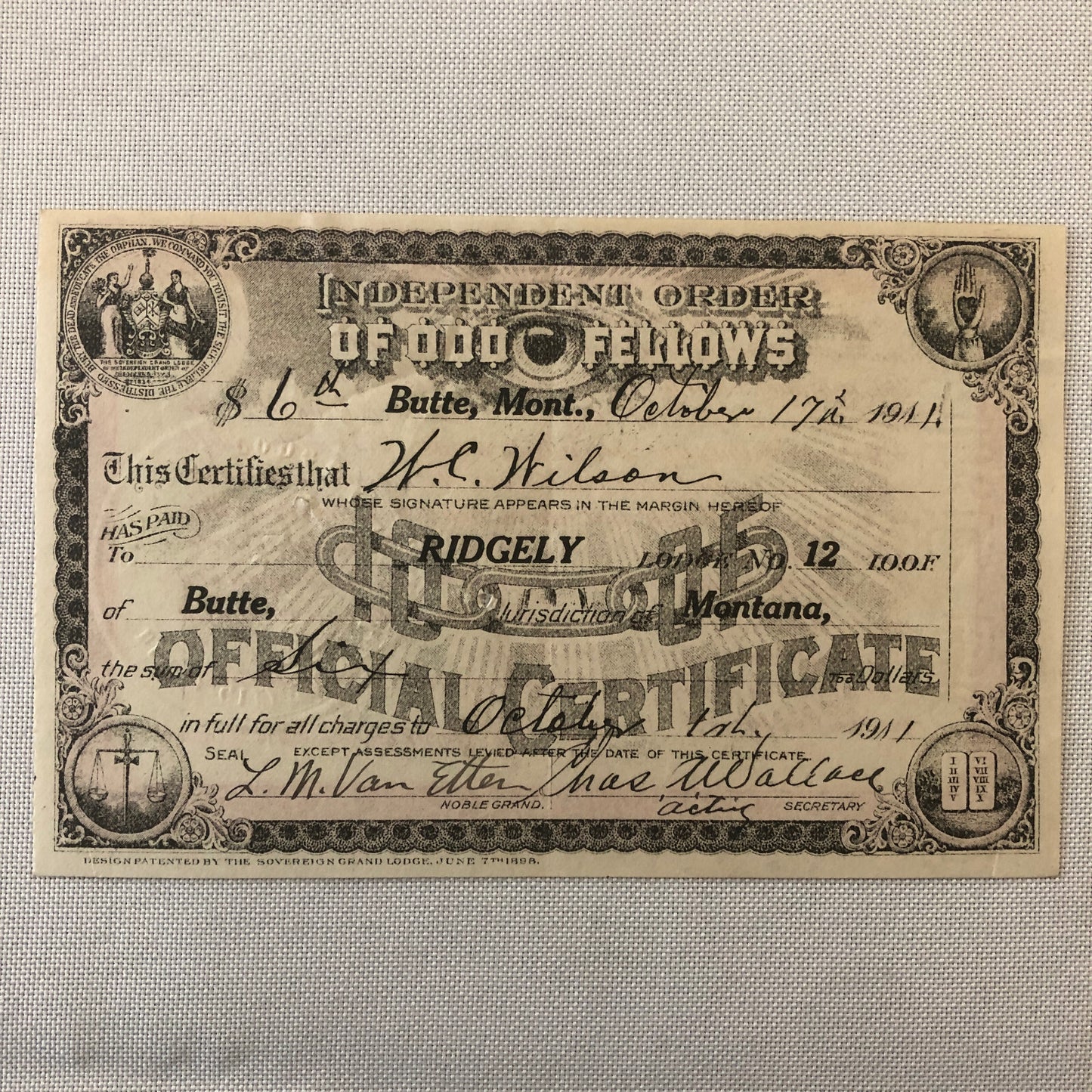 Independent Order of Odd Fellows Official Membership Certificate Document Lot 4x
