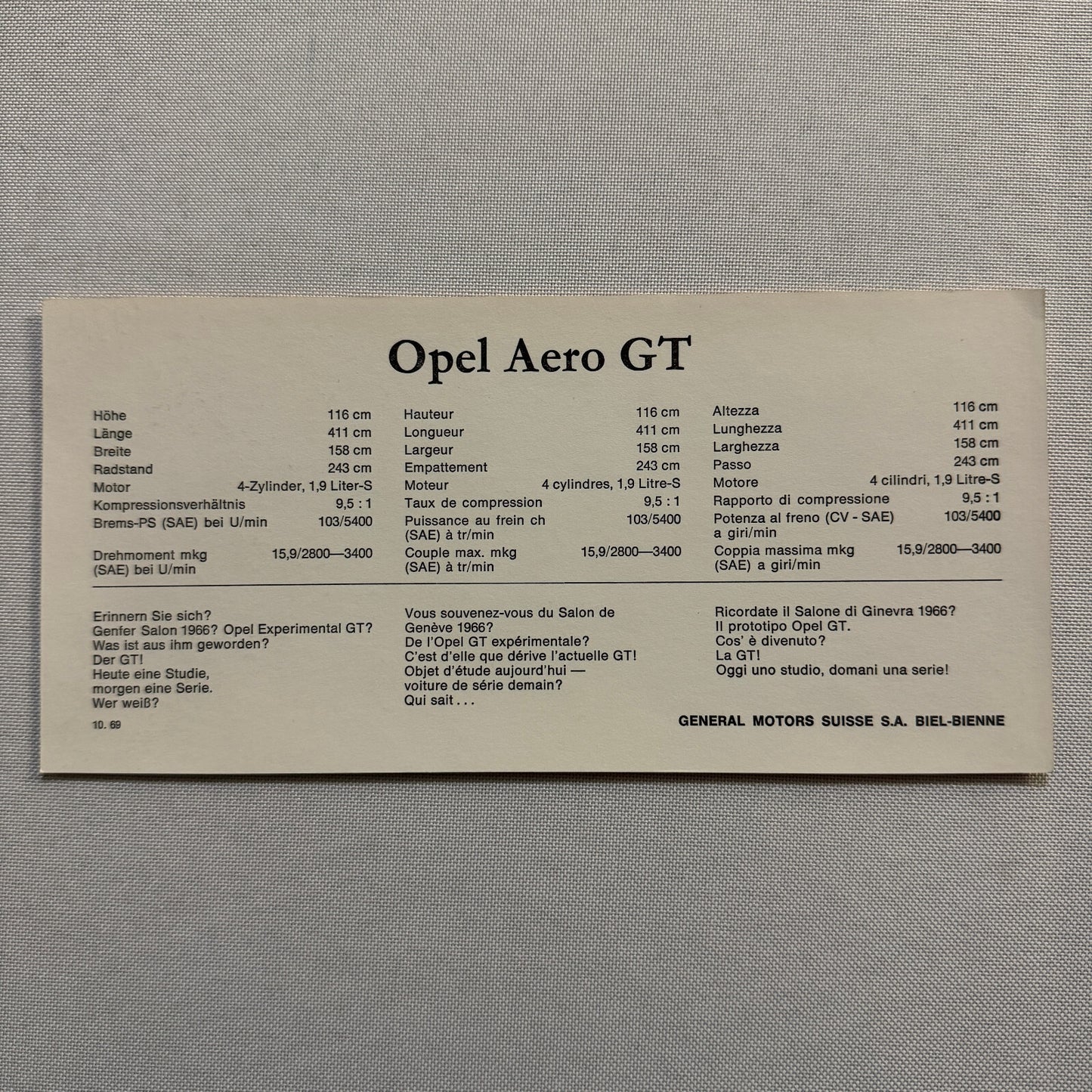 Opel Aero GT Concept Car Advertising Card German Text Vintage 1970