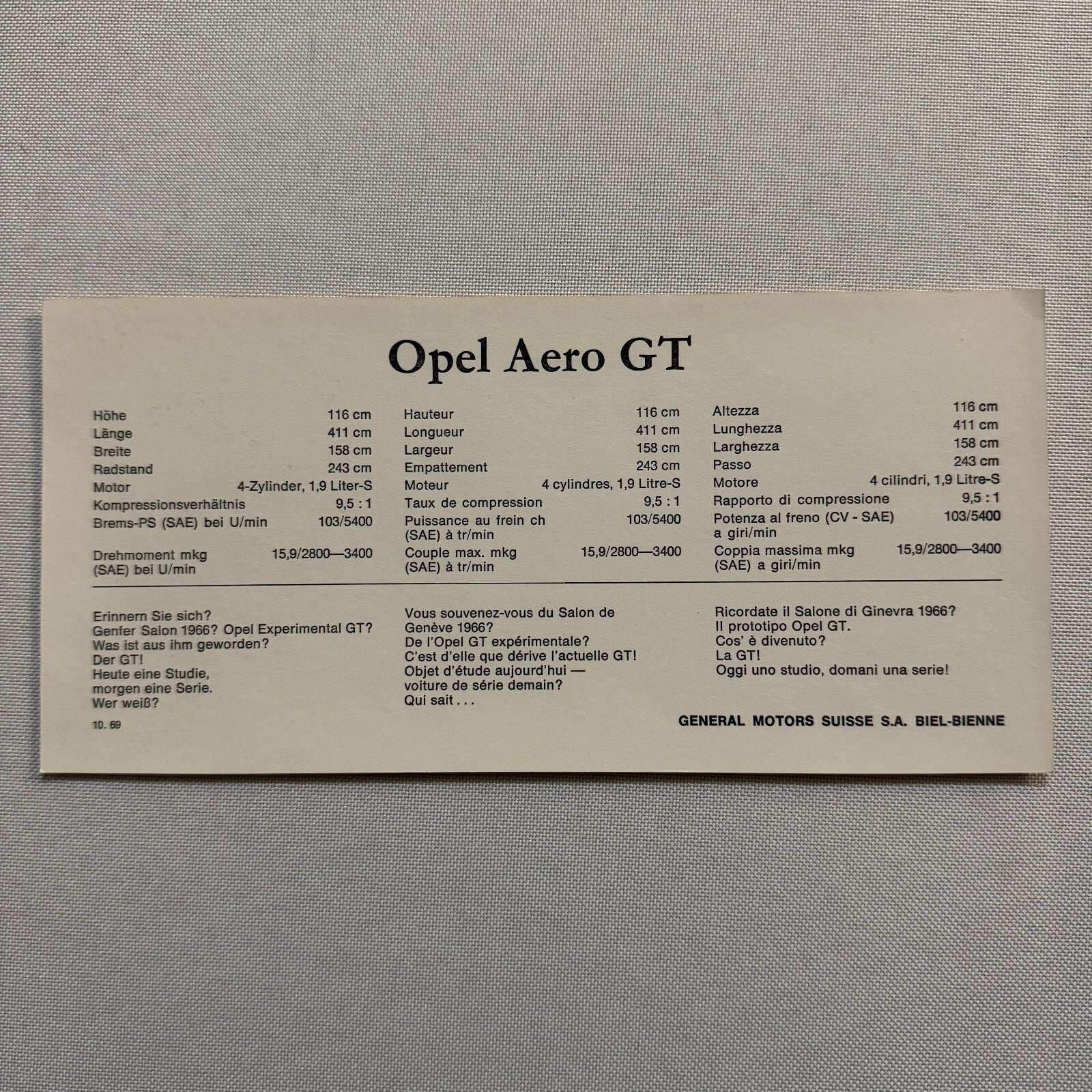 Opel Aero GT Concept Car Advertising Card German Text Vintage 1970