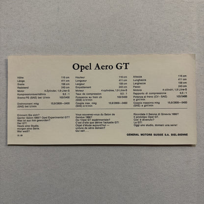 Opel Aero GT Concept Car Advertising Card German Text Vintage 1970