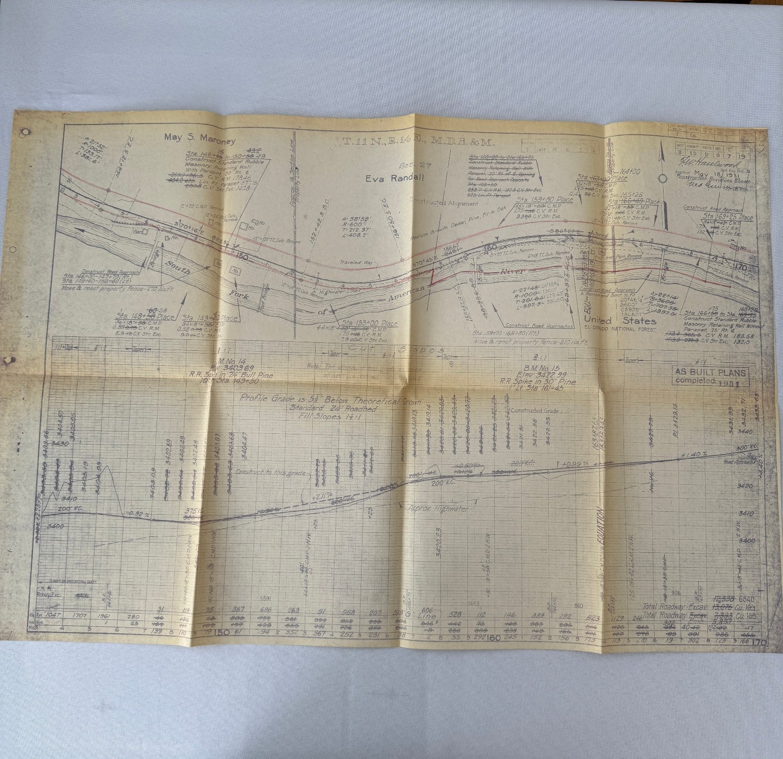 1931 California Highway Dept “As Built” Road Plan Map Blueprint T11N R14E MDB&M