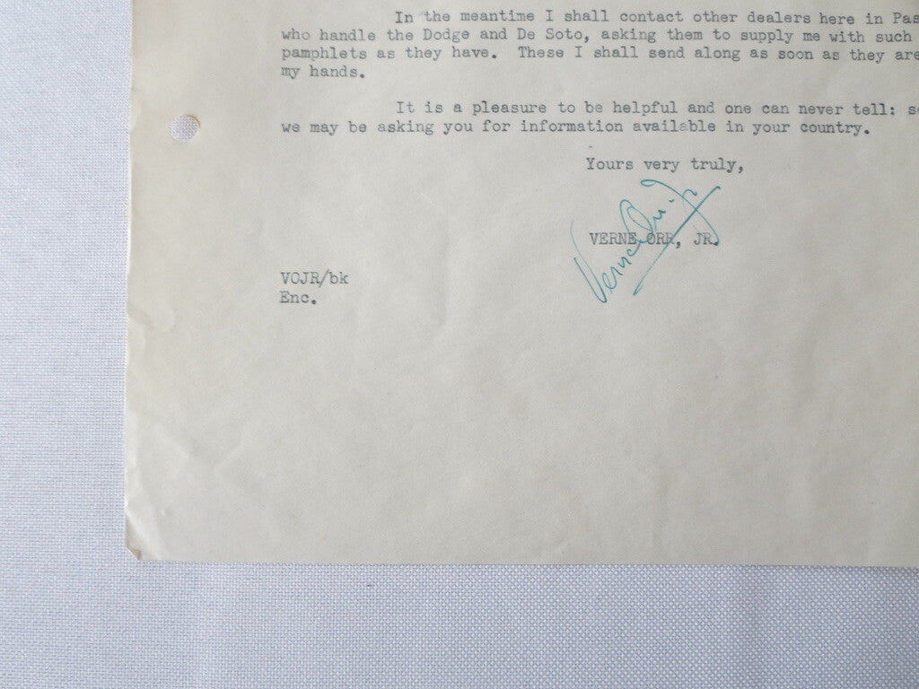 1949 Chrysler Plymouth Dealership Letter Verne Orr Motors Dealer Letterhead