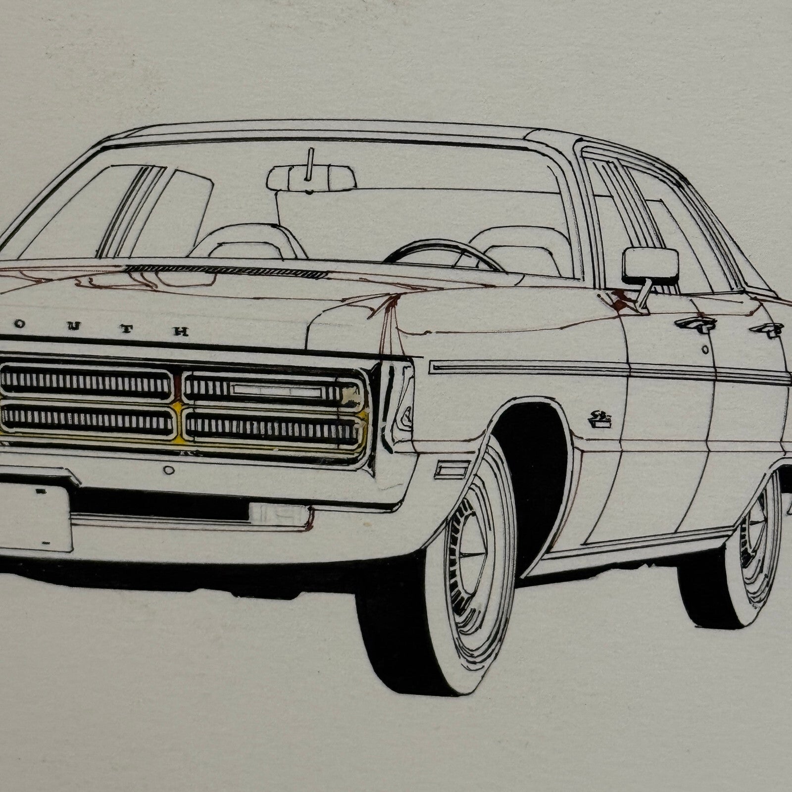 Vintage Plymouth Car Illustration Art Drawing Hand Drawn Robert Preis Vintage