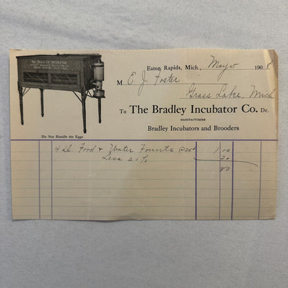 1908 Bradley Incubator Company Eaton Rapids Michigan Invoice Document Antique
