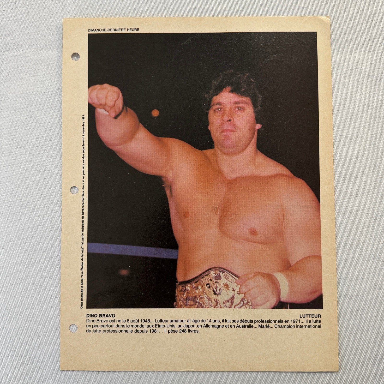 Vintage Wrestling Print Insert Dino Bravo Quebec French 1983