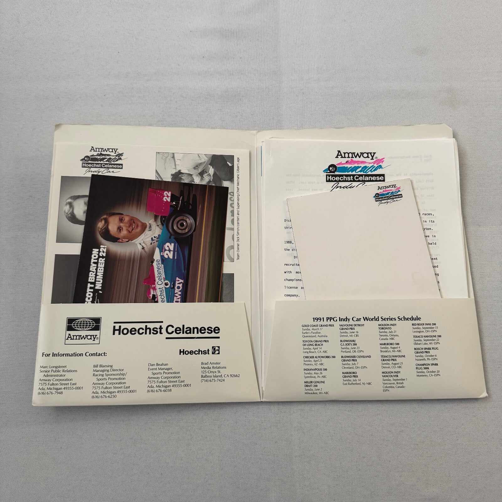 1991 Amway Indy Car Racing Press Kit Brochure Vintage Scott Brayton Driver