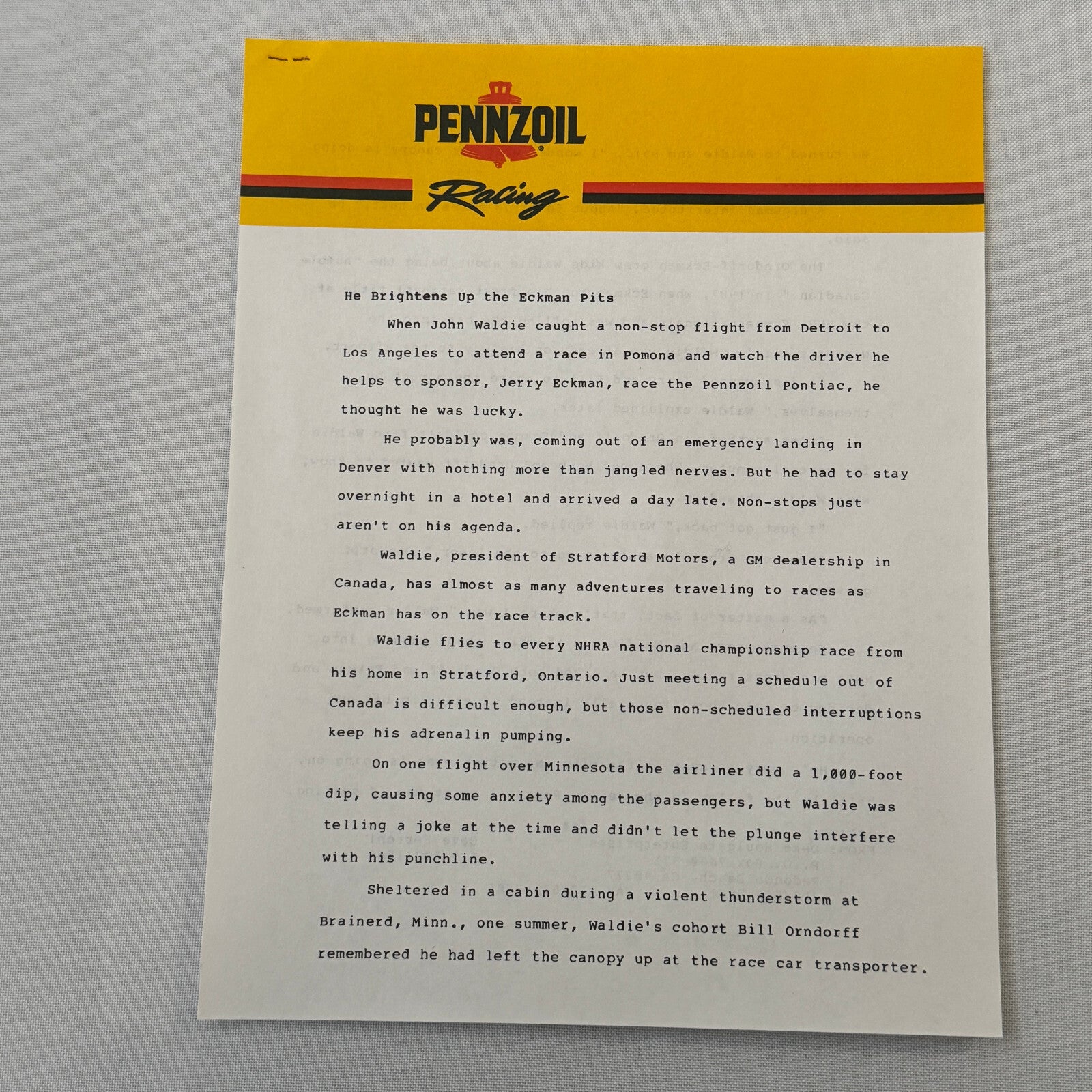 Vintage Pennzoil Racing Press Kit Top Fuel Dragster Pontiac Trans Am