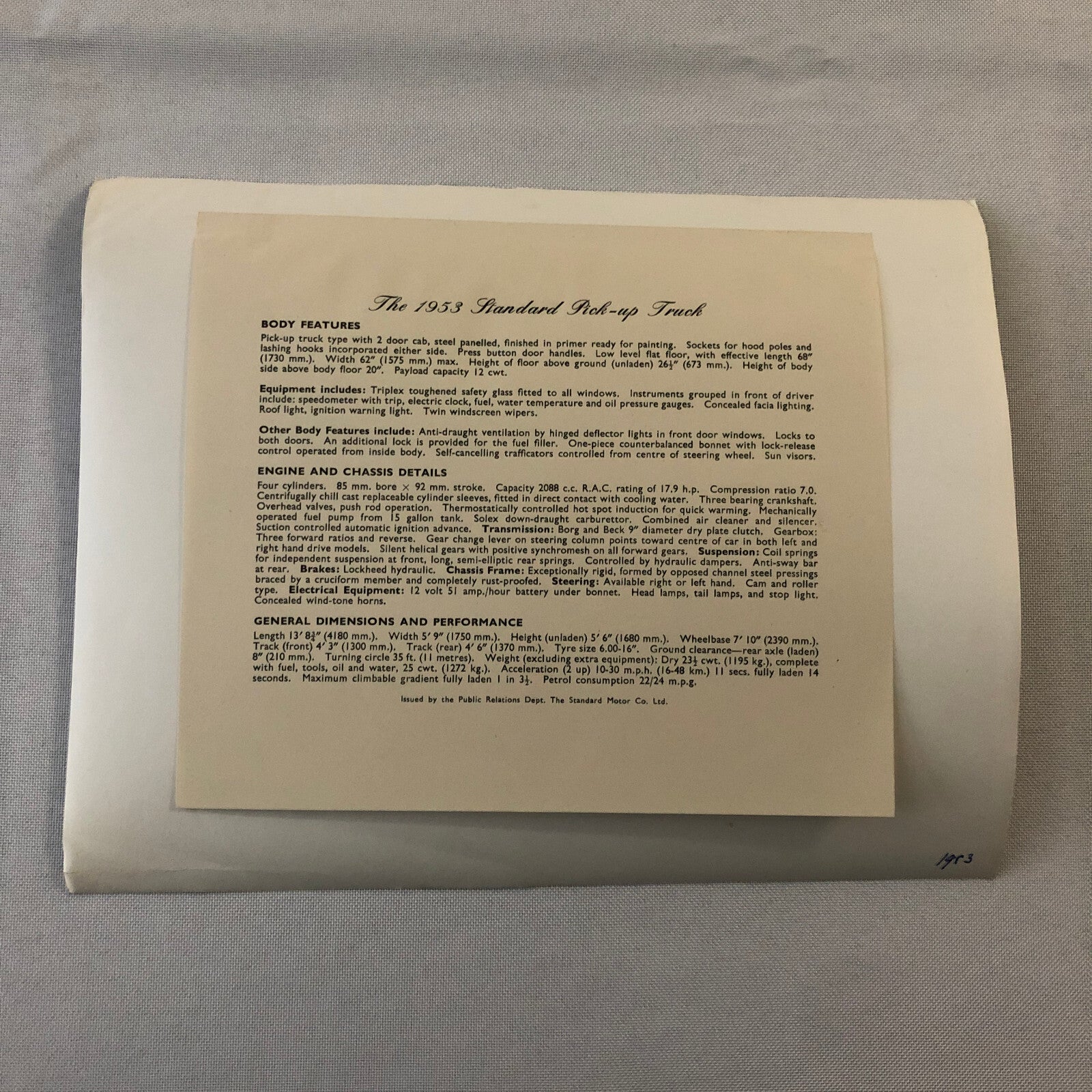 1953 Standard Pickup Truck Factory Press Photo Photograph